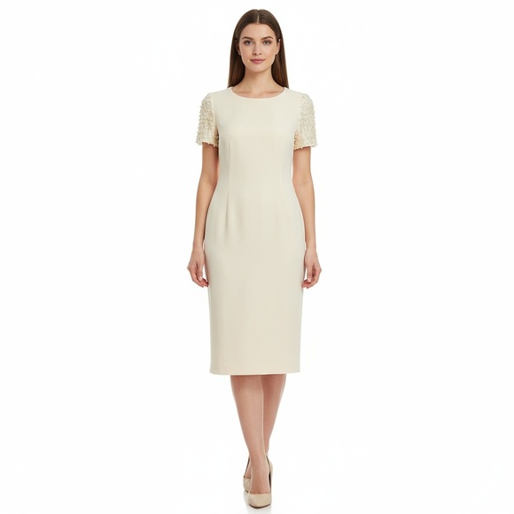 Donna Morgan Midi Dress Womens Size 6 Cream Sheath Pearl Beaded Elegant Cocktail - Picture 1 of 8